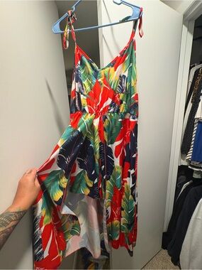 Tropical Print Red & Green Tie-Strap Sundress